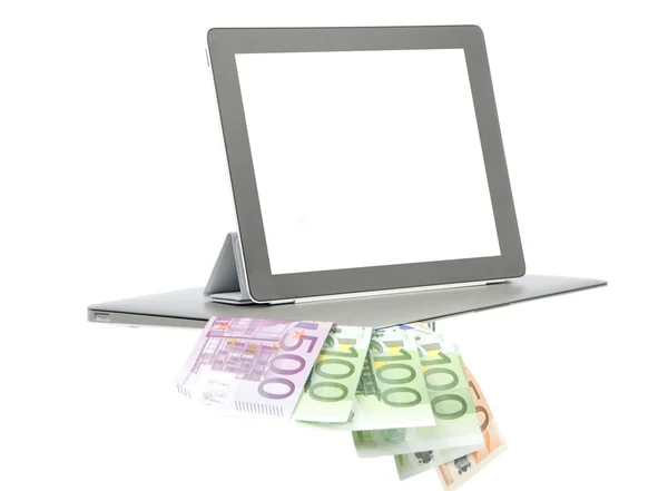 Nové elektronické tabletu touch pad notebooku obrazovka peníze euro — Stock fotografie