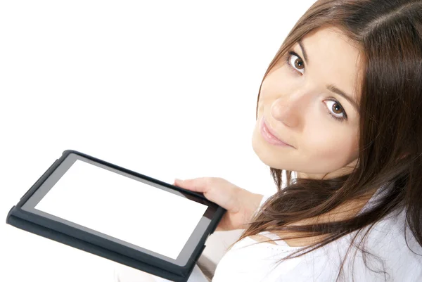 Geschäftsfrau mit elektronischem Tablet-Touchpad — Stockfoto