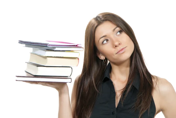Student žena drží knihy, učebnice, zápisník, domácí úkoly — Stock fotografie