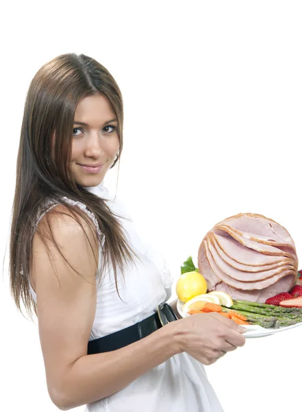 Kobieta trzymać obiad mięso plastry szynki — Zdjęcie stockowe