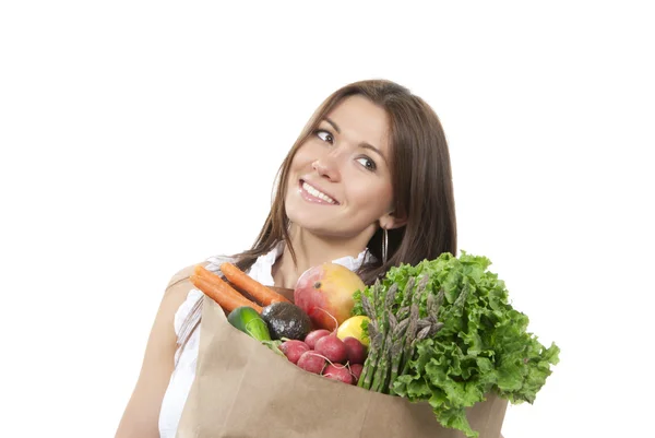 Mulher com supermercado saco de compras cheio de mantimentos — Fotografia de Stock