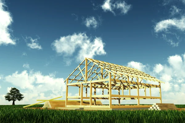 Imagem conceitual da construção de uma casa de madeira — Fotografia de Stock