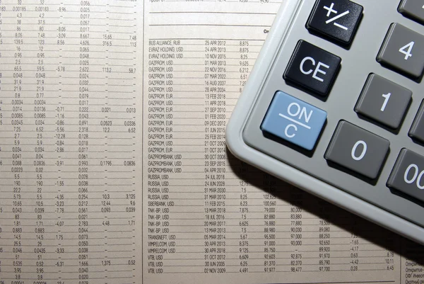 Calculator on business newspaper close up. Financial concept. — Stock Photo, Image