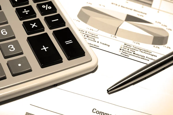 Calculatrice et stylo en acier sur données financières imprimées . — Photo