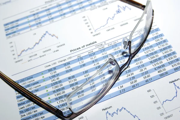 Bril op afgedrukte aandelenrapport met grafieken en tabellen. — Stockfoto
