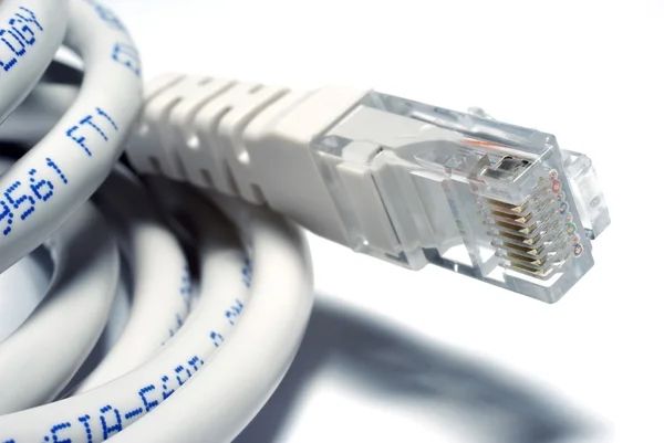 UTP cable on white background. Focus on RJ45 connector. — Stock Photo, Image