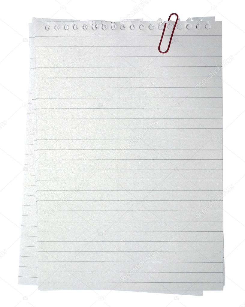 Blank note paper and red paper-clip. Isolated with clipping path