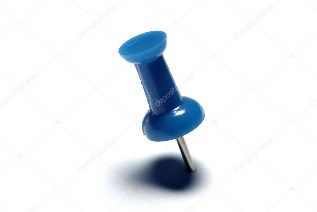 Closeup of blue drawing pin isolated on white background.