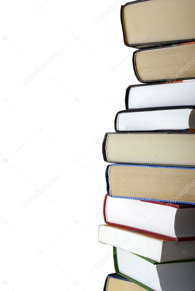 Vertical stack of different books isolated on white background.
