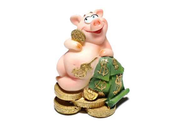 Piggy ceramica con soldi isolati su sfondo bianco . — Foto Stock
