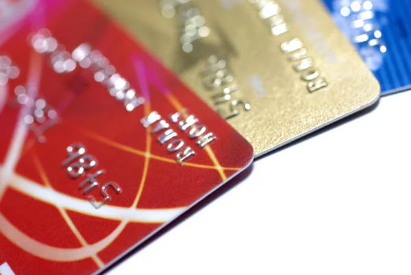 Creditcards geïsoleerd op een witte achtergrond met schaduw. selectieve — Stockfoto