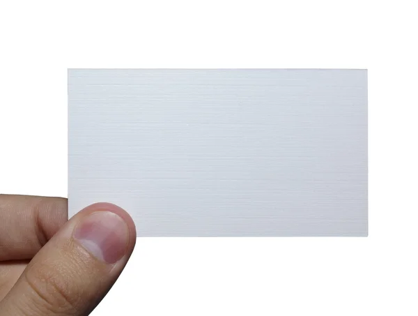 Fingrar håller ett tomt vitt kort isolerat på vit bakgrund — Stockfoto