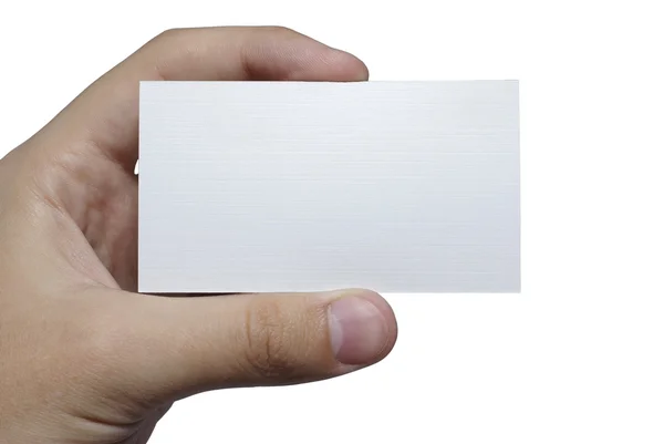 Mão com cartão texturizado branco para o seu texto isolado em branco ba — Fotografia de Stock