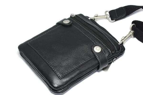 Modern men bag made of black leather isolated on white backgroun — Stock Photo, Image