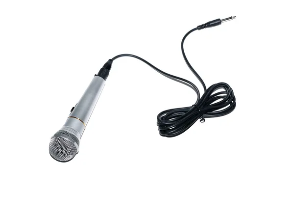 Microfone de áudio com cabo e conector isolado na parte traseira branca — Fotografia de Stock