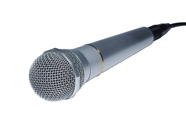 Gümüş ses mikrofon kapatmak üstünde izole beyaz arka plan. — Stok fotoğraf