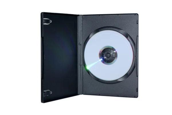 Boîte noire avec disque DVD inscriptible à l'intérieur isolé sur fond blanc — Photo