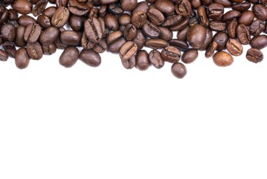 Brown roasted coffee beans isolated on white background. Empty s clipart