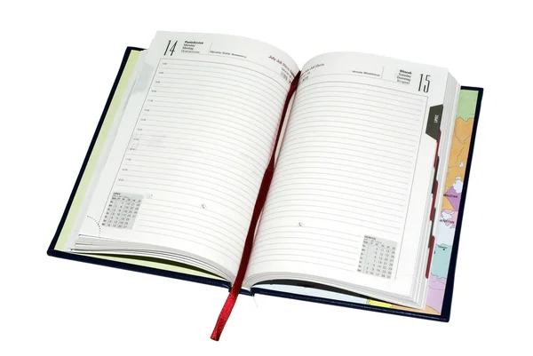 Agenda aberta com páginas vazias para o seu design isolado em branco — Fotografia de Stock