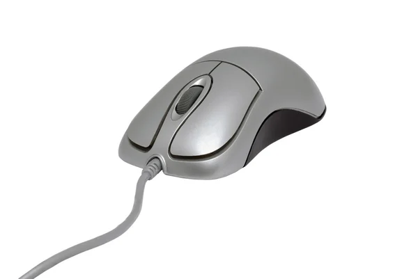 银 pc 鼠标与孤立在白色背景上的电缆. — 图库照片