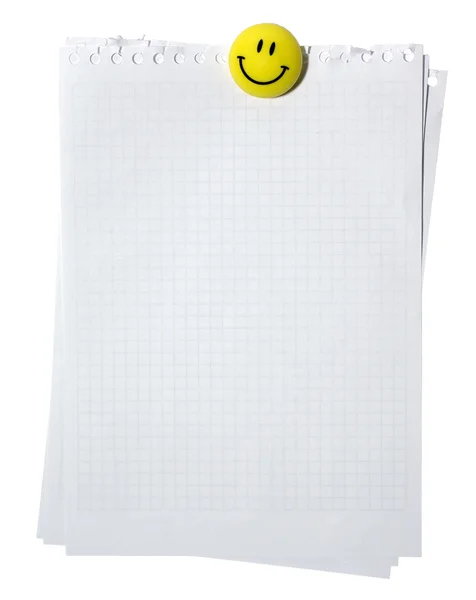 Pustych stron z stackes notatnik spirala z żółtym uśmiechający się mag — Zdjęcie stockowe
