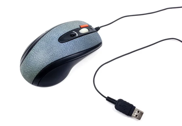 PC mouse com textura de couro verde e cabo isolado em branco — Fotografia de Stock