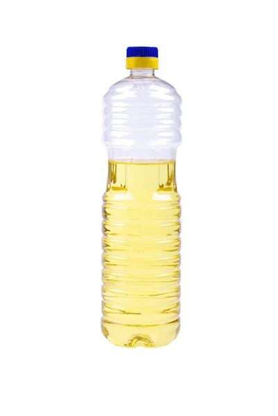 Óleo vegetativo em garrafa de plástico isolado sobre fundo branco . — Fotografia de Stock
