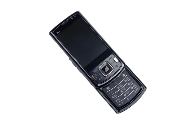 Moderne zwarte slimme telefoon geïsoleerd op witte achtergrond. — Stockfoto