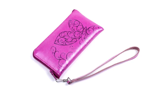 Shiny pink leather case for phone isolated on white background. — Stock Photo, Image