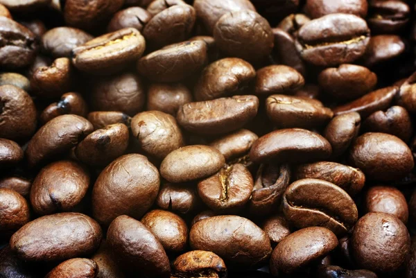 Heap of brown roasted coffee beans close up photo as background — Stock Photo, Image