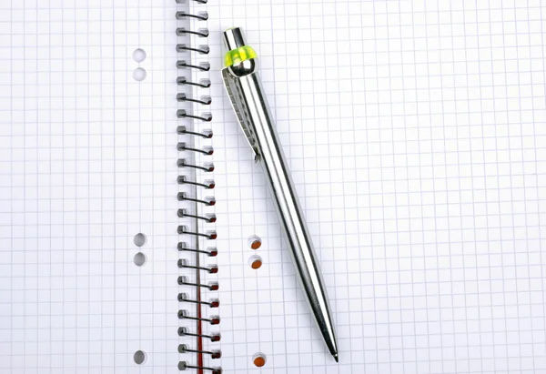 Ballpoint metallic pen laying on spiral notebook. Empty Space fo — Stock Photo, Image