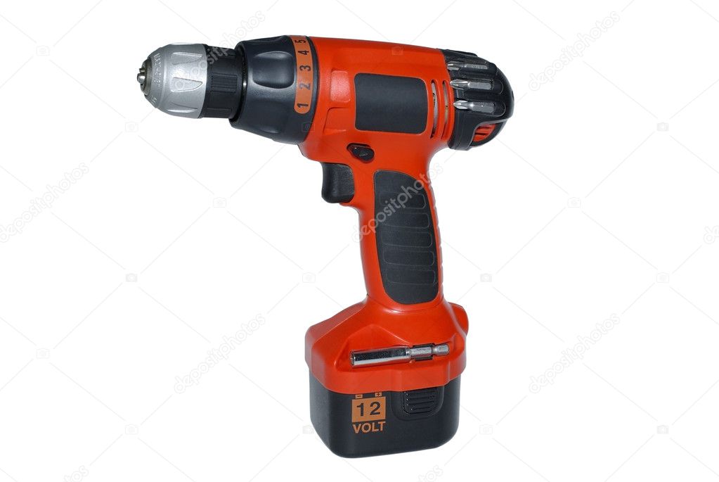 Modern red cordless drilling machine isolated on white backgroun