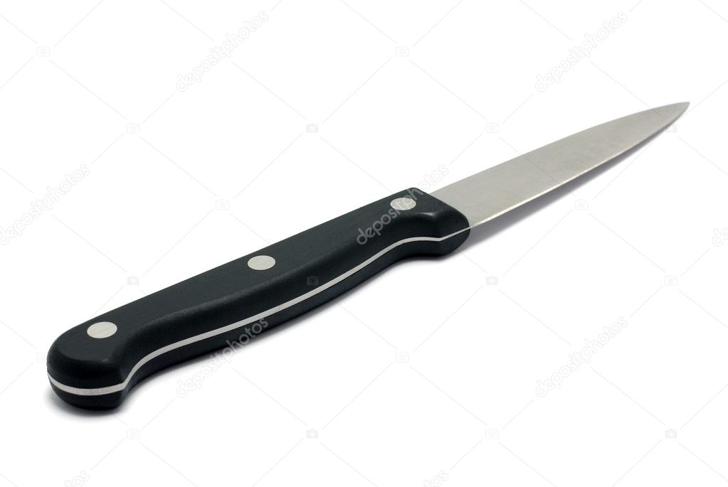 Kitchen knife with black handle isolated on white background.