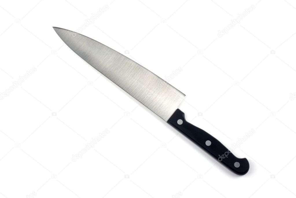 Large stainless steel knife isolated on white background.