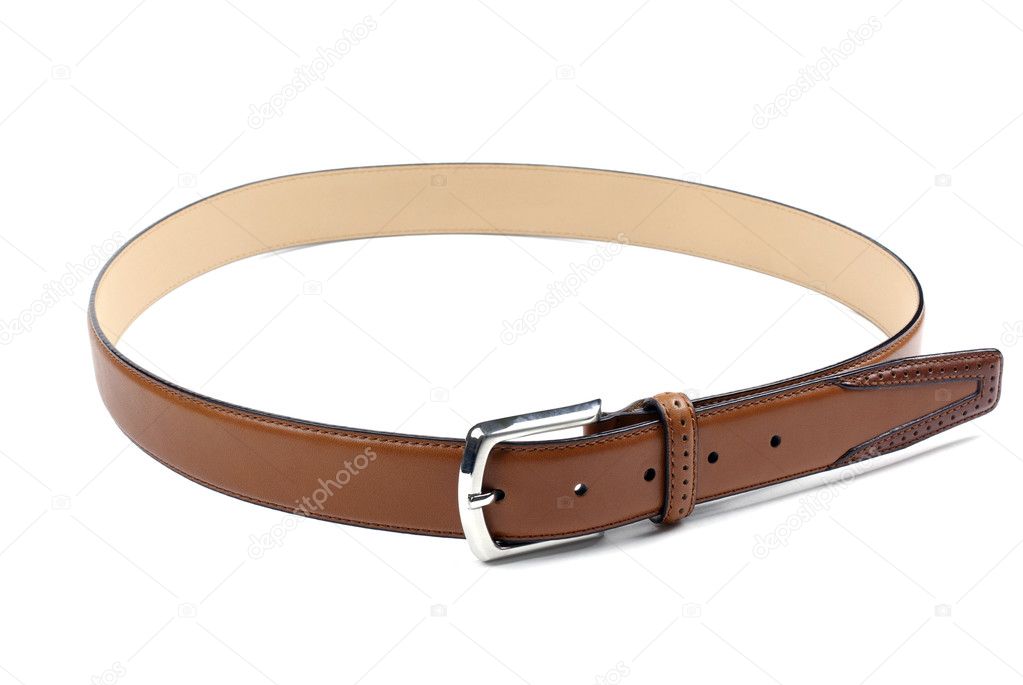 High quality brown leather belt isolated on white background.
