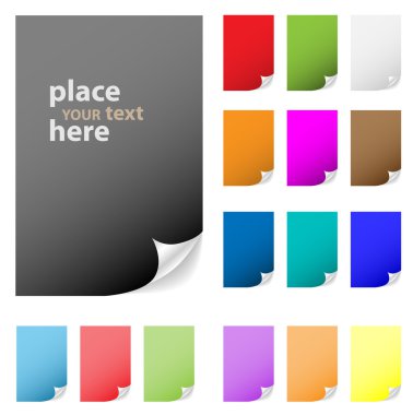 Collection of vector multicolored paper with peeled corner. Perf clipart