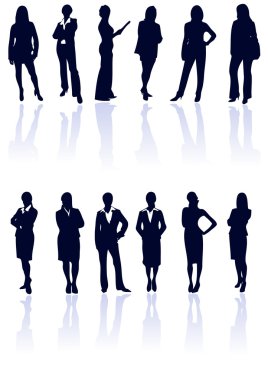 Set of dark blue vector business woman silhouettes with reflecti clipart