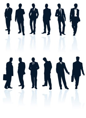 Set of dark blue vector businessman silhouettes with reflections clipart