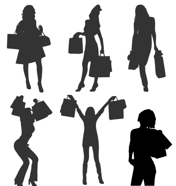 Silhouette di ragazze shopaholic vettoriali con borse. Di più nella mia ragazza — Vettoriale Stock