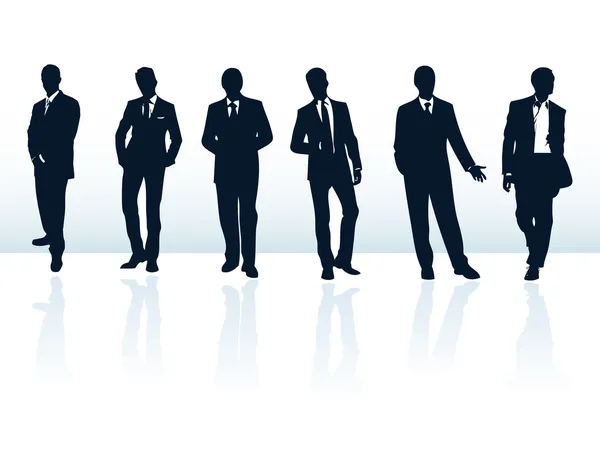 Set of dark blue vector businessman silhouettes in suits. More i — Stock Vector