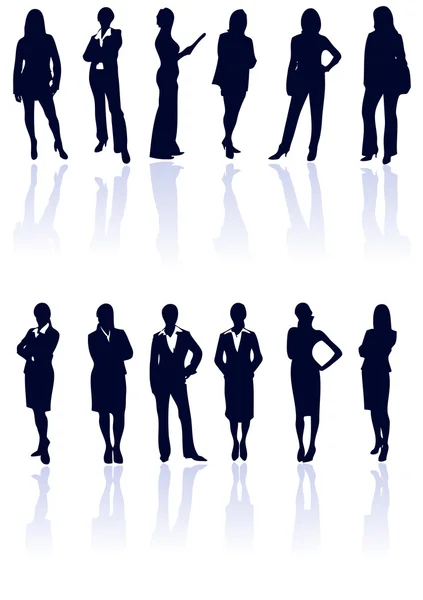 Ensemble de silhouettes femme d'affaires vectorielles bleu foncé avec reflecti — Image vectorielle