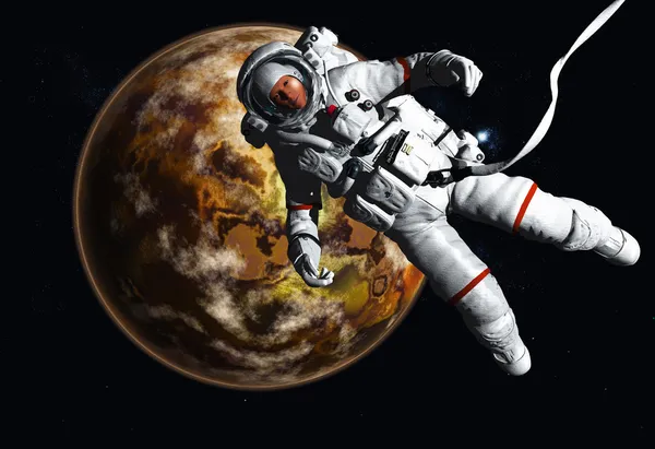 Der Astronaut auf dem Hintergrund des Planeten. — Stockfoto