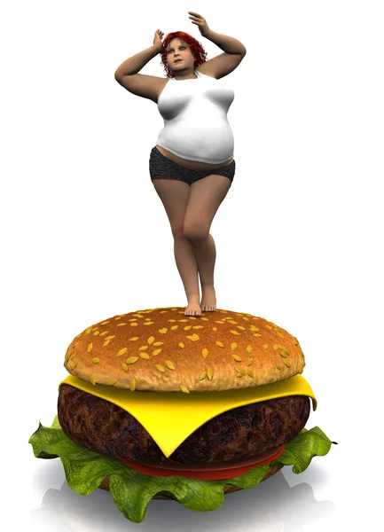 Gruba kobieta i burger — Zdjęcie stockowe