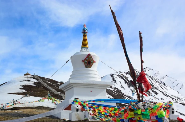 Белая тибетская пагода возле снежной горы — стоковое фото