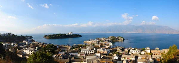 stock image Panorama landscape of lake and village