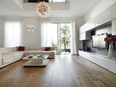 Moderní obývací pokoj se dřevěnou podlahou