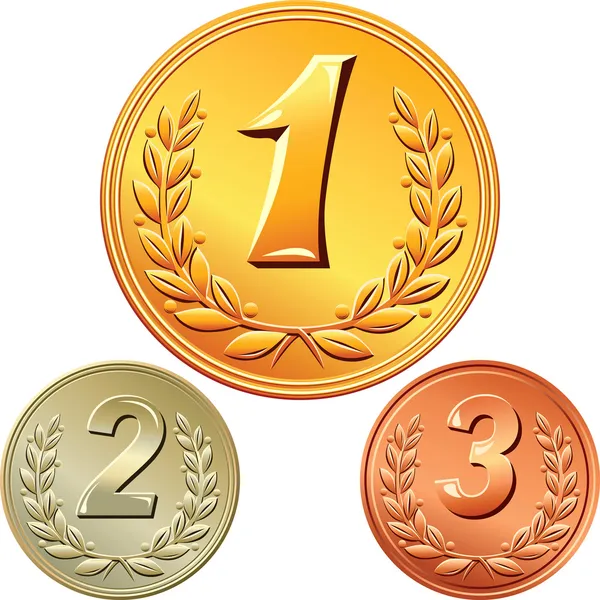 Ensemble vectoriel de médailles d'or, d'argent et de bronze pour la première, la deuxième , — Image vectorielle