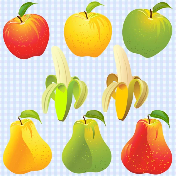 Vektorové ovoce: jablko, hruška, banán různých barev — Stockový vektor