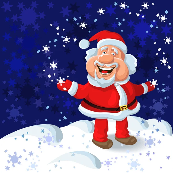 Vektor ein glücklicher Weihnachtsmann auf dem Hintergrund von Schneeflocken — Stockvektor
