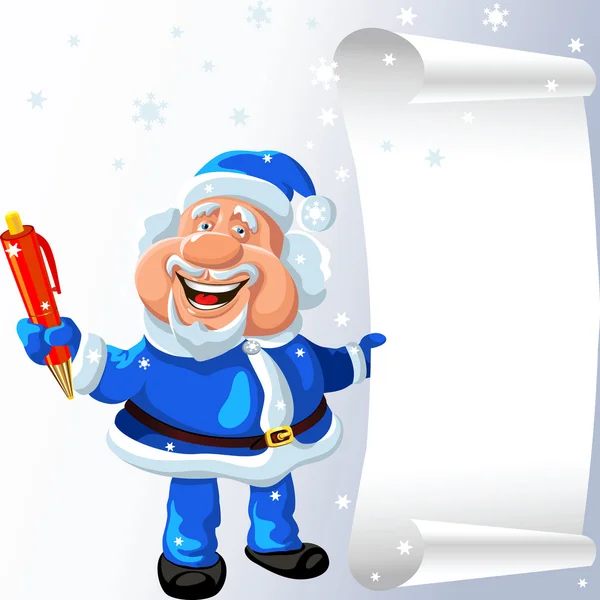 Vektor Weihnachtsmann mit einem Stift und einer Schriftrolle in seinen Händen — Stockvektor